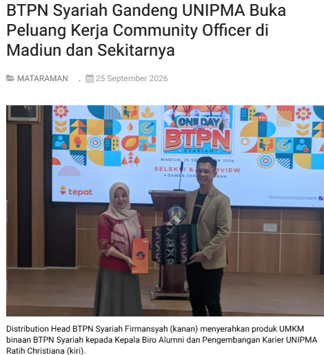 BTPN Syariah Gandeng UNIPMA Buka Peluang Kerja Community Officer di Madiun dan Sekitarnya