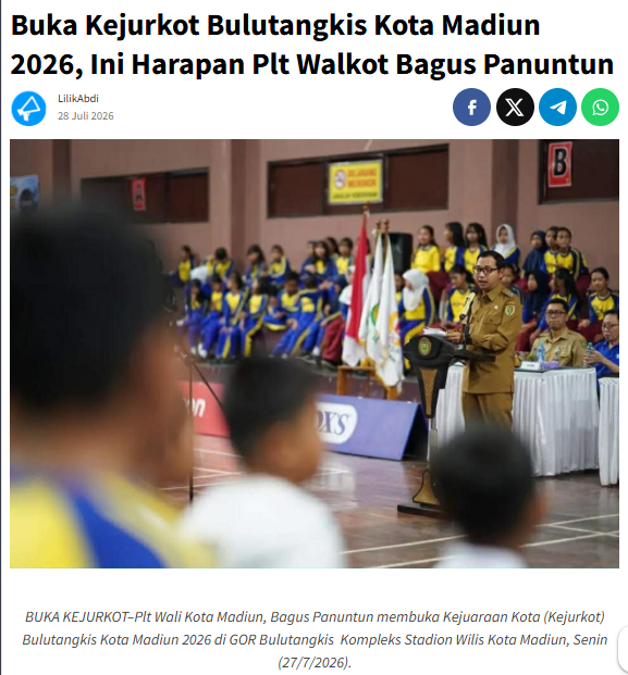 Buka Kejurkot Bulutangkis Kota Madiun 2026, Ini Harapan Plt Walkot Bagus Panuntun