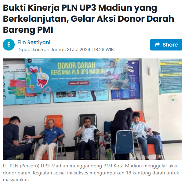 Bukti Kinerja PLN UP3 Madiun yang Berkelanjutan, Gelar Aksi Donor Darah Bareng PMI