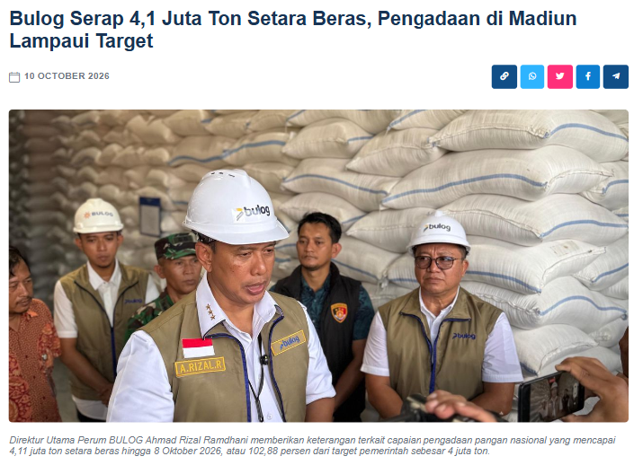 Bulog Serap 4,1 Juta Ton Setara Beras, Pengadaan di Madiun Lampaui Target