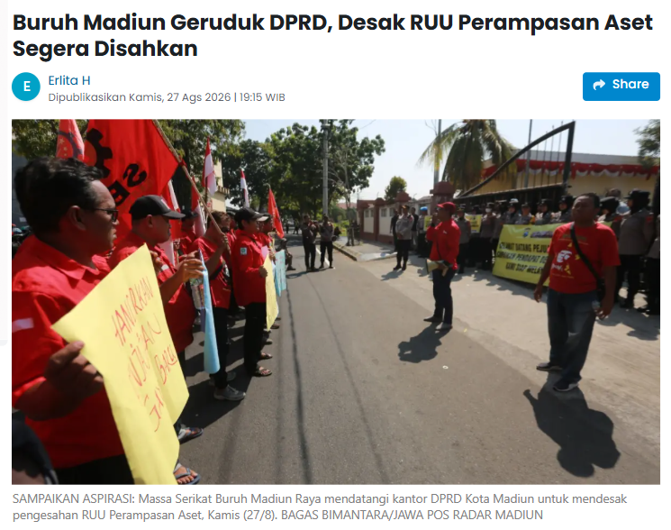 Buruh Madiun Geruduk DPRD, Desak RUU Perampasan Aset Segera Disahkan