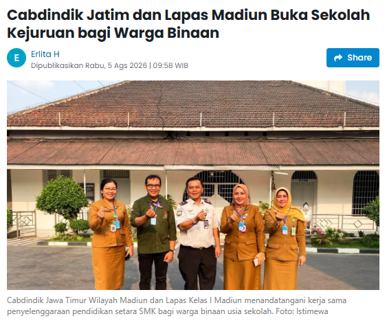 Cabdindik Jatim dan Lapas Madiun Buka Sekolah Kejuruan bagi Warga Binaan