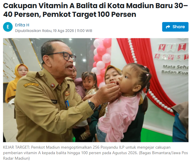 Cakupan Vitamin A Balita di Kota Madiun Baru 30–40 Persen, Pemkot Target 100 Persen