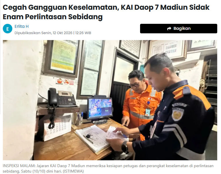 Cegah Gangguan Keselamatan, KAI Daop 7 Madiun Sidak Enam Perlintasan Sebidang