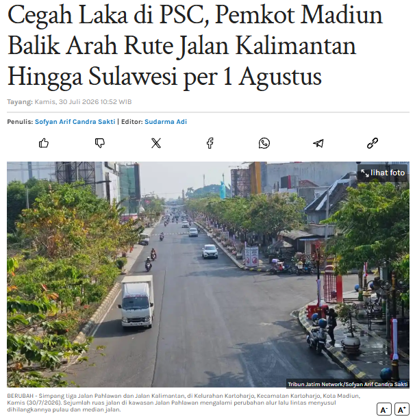 Cegah Laka di PSC, Pemkot Madiun Balik Arah Rute Jalan Kalimantan Hingga Sulawesi per 1 Agustus