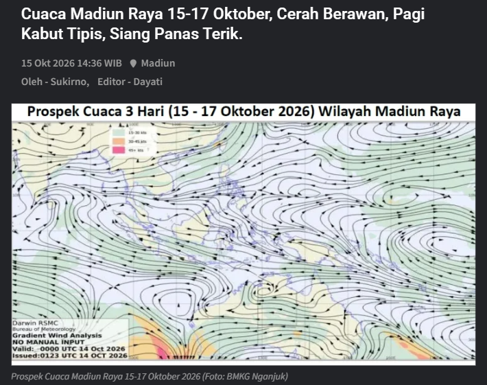 Cuaca Madiun Raya 15-17 Oktober, Cerah Berawan, Pagi Kabut Tipis, Siang Panas Terik