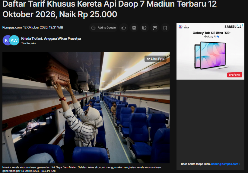 Daftar Tarif Khusus Kereta Api Daop 7 Madiun Terbaru 12 Oktober 2026, Naik Rp 25.000