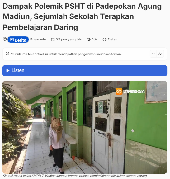 Dampak Polemik PSHT di Padepokan Agung Madiun, Sejumlah Sekolah Terapkan Pembelajaran Daring