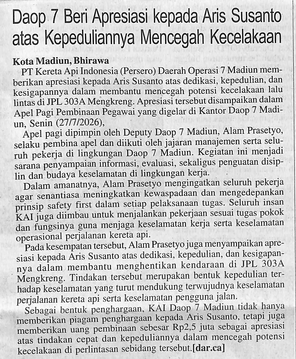 Daop 7 Beri Apresiasi kepada Aris Susanto atas Kepeduliannya Mencegah Kecelakaan