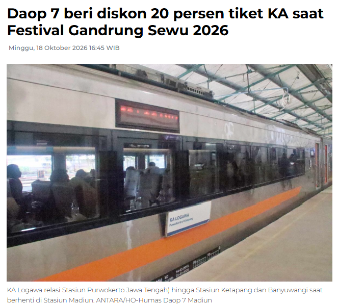 Daop 7 beri diskon 20 persen tiket KA saat Festival Gandrung Sewu 2026