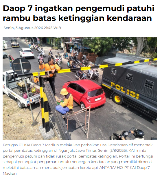 Daop 7 ingatkan pengemudi patuhi rambu batas ketinggian kendaraan