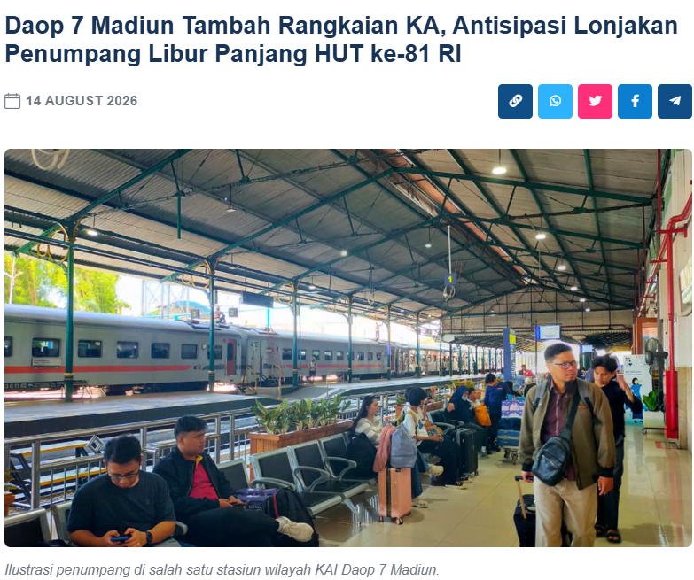 Daop 7 Madiun Tambah Rangkaian KA, Antisipasi Lonjakan Penumpang Libur Panjang HUT ke-81 RI