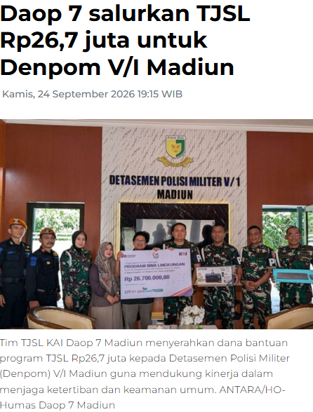 Daop 7 salurkan TJSL Rp26,7 juta untuk Denpom V/I Madiun