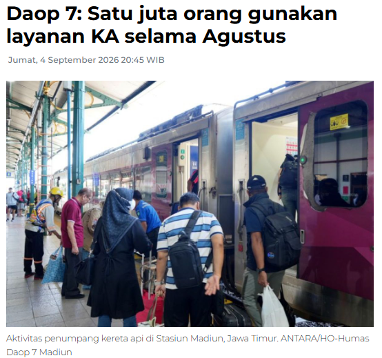 Daop 7: Satu juta orang gunakan layanan KA selama Agustus