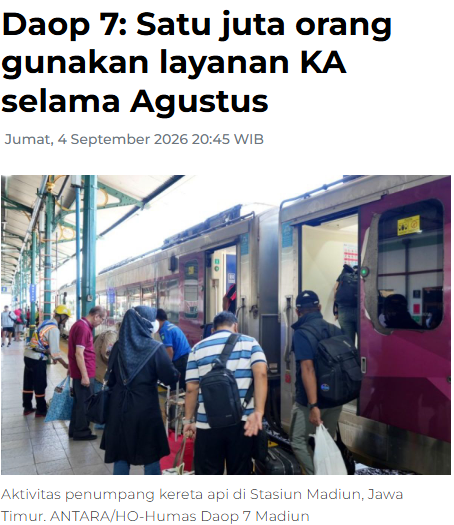 Daop 7: Satu juta orang gunakan layanan KA selama Agustus
