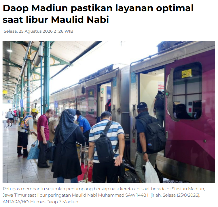 Daop Madiun pastikan layanan optimal saat libur Maulid Nabi