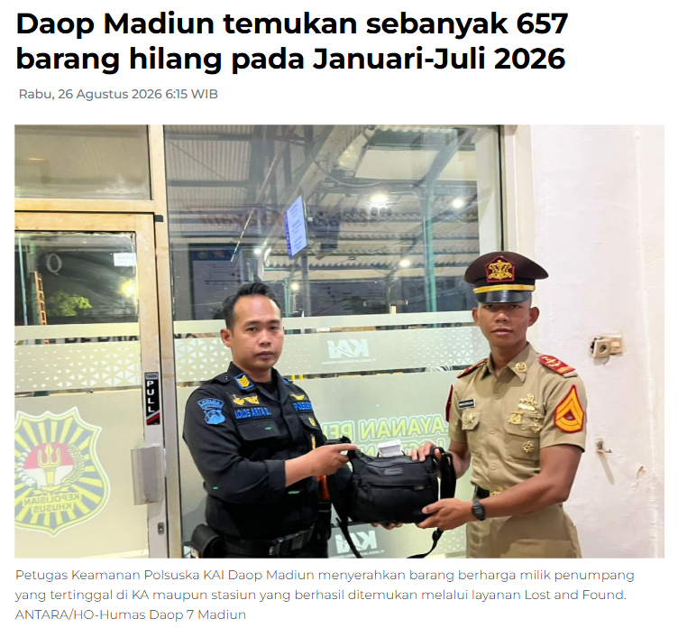 Daop Madiun temukan sebanyak 657 barang hilang pada Januari-Juli 2026