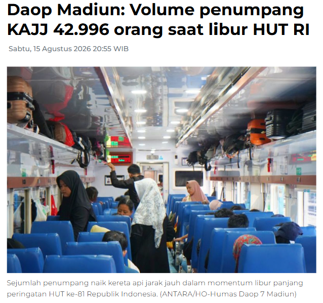 Daop Madiun: Volume penumpang KAJJ 42.996 orang saat libur HUT RI