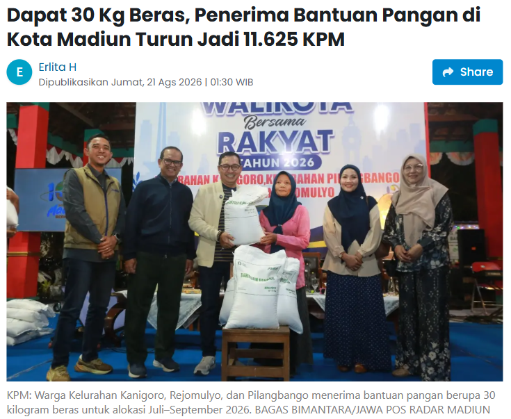 Dapat 30 Kg Beras, Penerima Bantuan Pangan di Kota Madiun Turun Jadi 11.625 KPM