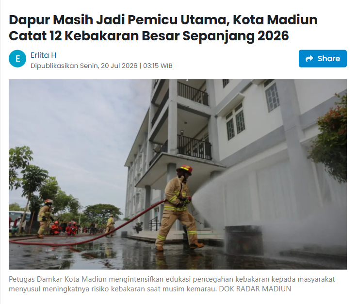 Dapur Masih Jadi Pemicu Utama, Kota Madiun Catat 12 Kebakaran Besar Sepanjang 2026