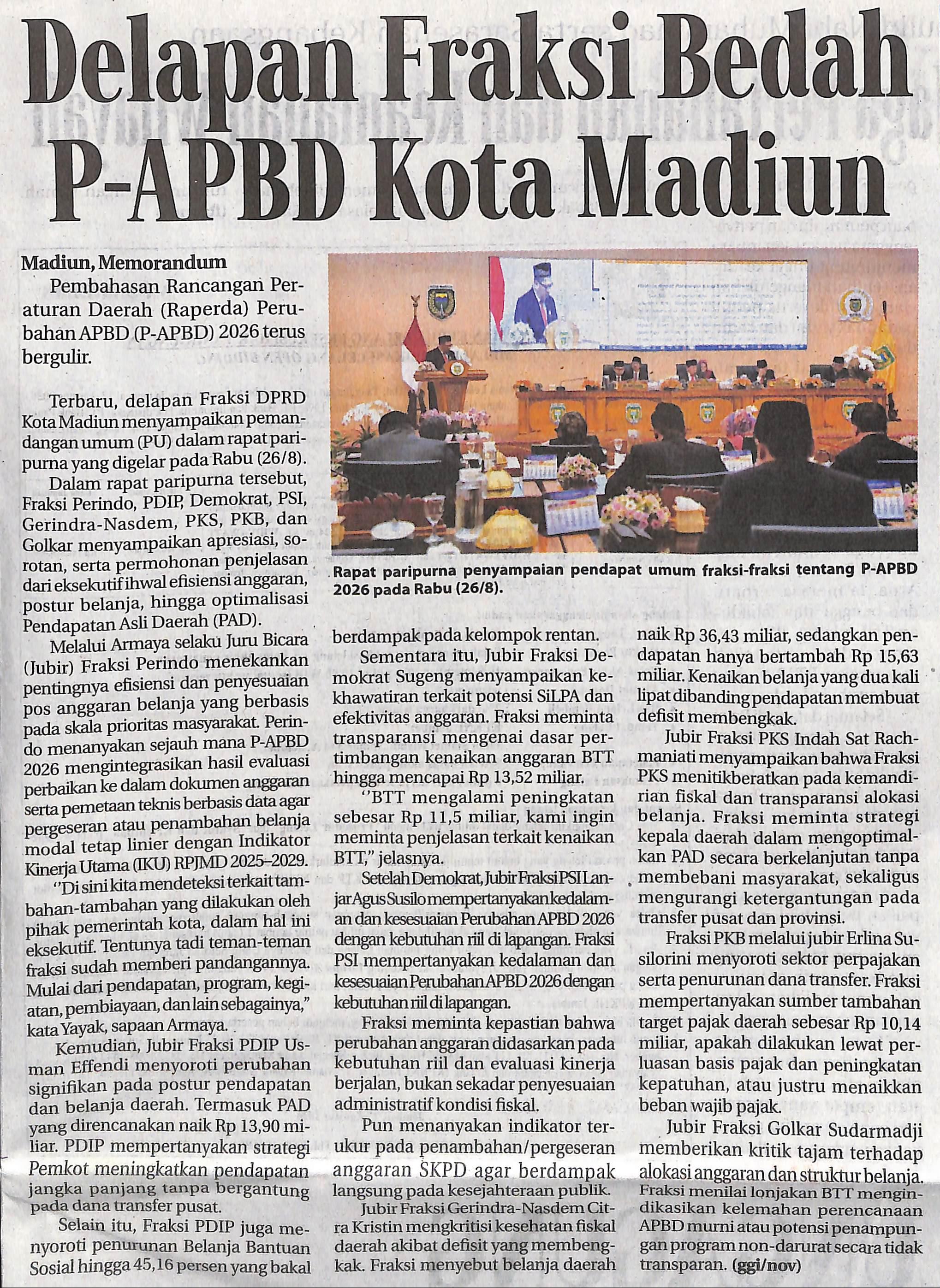 Delapan Fraksi Bedah P-APBD Kota Madiun
