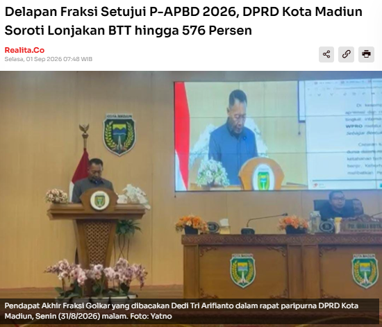 Delapan Fraksi Setujui P-APBD 2026, DPRD Kota Madiun Soroti Lonjakan BTT hingga 576 Persen