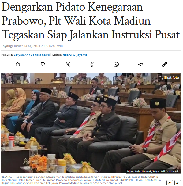 Dengarkan Pidato Kenegaraan Prabowo, Plt Wali Kota Madiun Tegaskan Siap Jalankan Instruksi Pusat