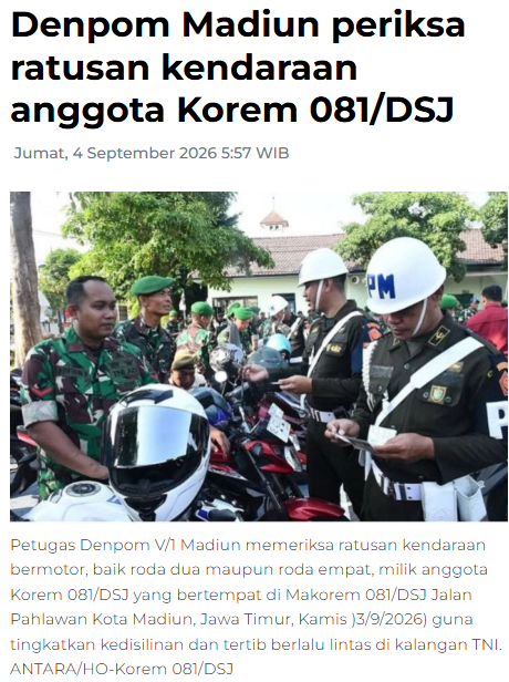 Denpom Madiun periksa ratusan kendaraan anggota Korem 081/DSJ