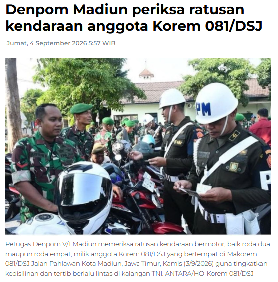 Denpom Madiun periksa ratusan kendaraan anggota Korem 081/DSJ