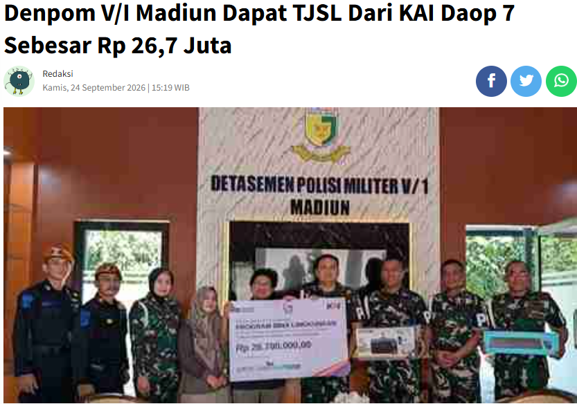 Denpom V/I Madiun Dapat TJSL Dari KAI Daop 7 Sebesar Rp 26,7 Juta