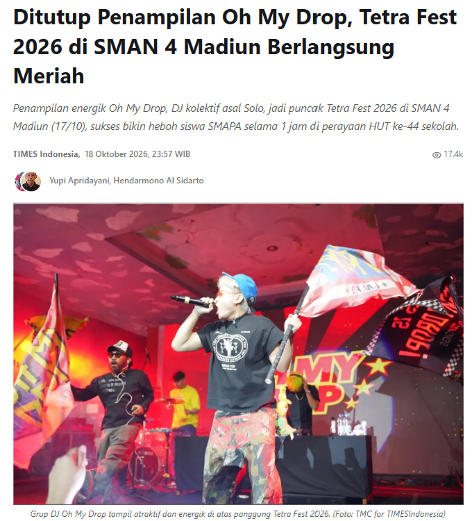 Ditutup Penampilan Oh My Drop, Tetra Fest 2026 di SMAN 4 Madiun Berlangsung Meriah