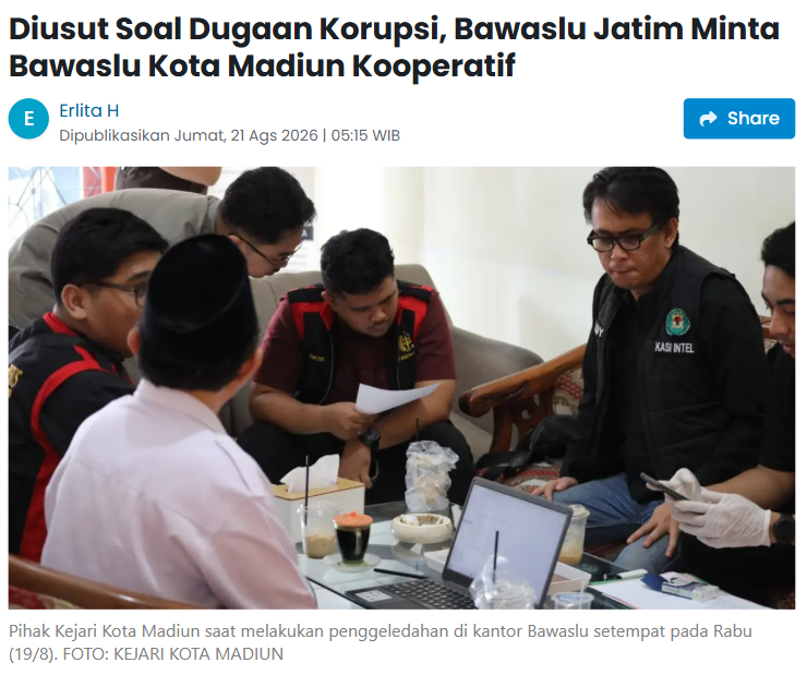 Diusut Soal Dugaan Korupsi, Bawaslu Jatim Minta Bawaslu Kota Madiun Kooperatif