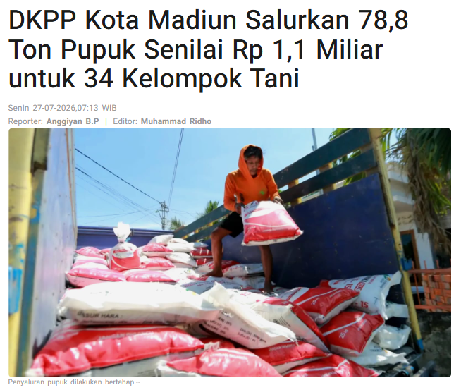 DKPP Kota Madiun Salurkan 78,8 Ton Pupuk Senilai Rp 1,1 Miliar untuk 34 Kelompok Tani