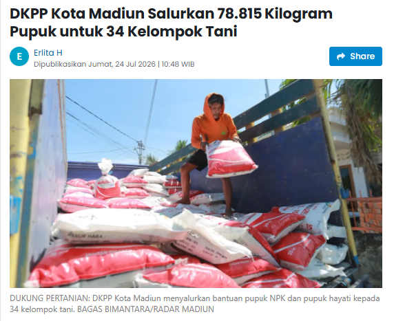 DKPP Kota Madiun Salurkan 78.815 Kilogram Pupuk untuk 34 Kelompok Tani