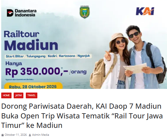 Dorong Pariwisata Daerah, KAI Daop 7 Madiun Buka Open Trip Wisata Tematik “Rail Tour Jawa Timur” ke Madiun