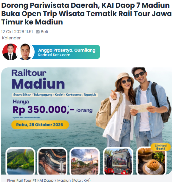 Dorong Pariwisata Daerah, KAI Daop 7 Madiun Buka Open Trip Wisata Tematik Rail Tour Jawa Timur ke Madiun
