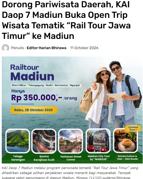 Dorong Pariwisata Daerah, KAI Daop 7 Madiun Buka open Trip Wisata Ternatik "Rail Tour Jawa Timur" ke Madiun