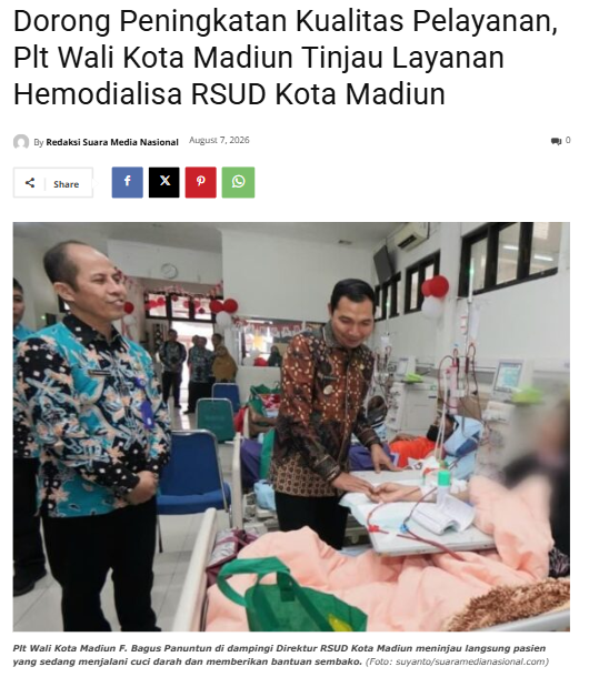 Dorong Peningkatan Kualitas Pelayanan, Plt Wali Kota Madiun Tinjau Layanan Hemodialisa RSUD Kota Madiun