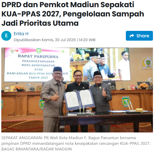 DPRD dan Pemkot Madiun Sepakati KUA-PPAS 2027, Pengelolaan Sampah Jadi Prioritas Utama