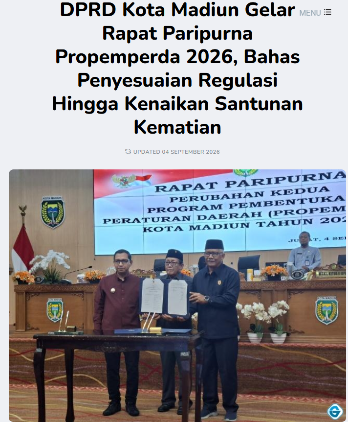 DPRD Kota Madiun Gelar Rapat Paripurna Propemperda 2026, Bahas Penyesuaian Regulasi Hingga Kenaikan Santunan Kematian