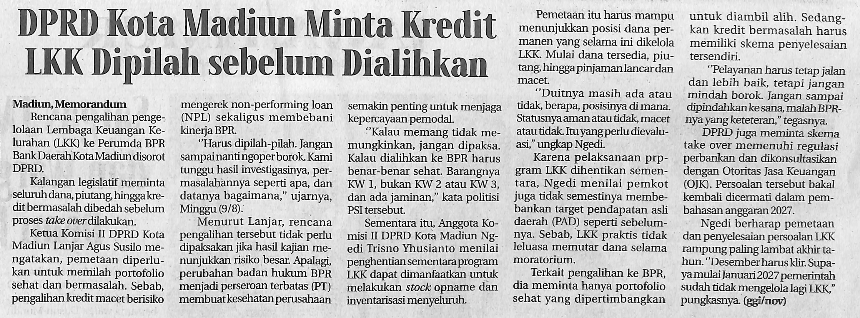 DPRD Kota Madiun Minta Kredit LKK Dipilah sebelum Dialihkan
