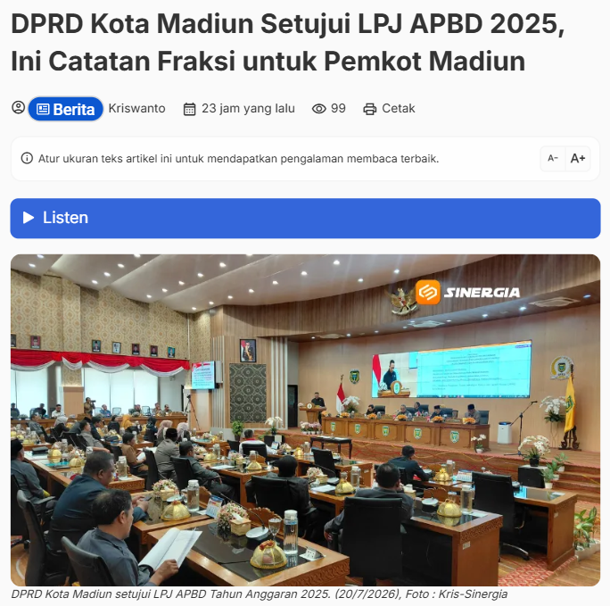 DPRD Kota Madiun Setujui LPJ APBD 2025, Ini Catatan Fraksi untuk Pemkot Madiun