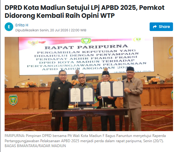 DPRD Kota Madiun Setujui LPj APBD 2025, Pemkot Didorong Kembali Raih Opini WTP