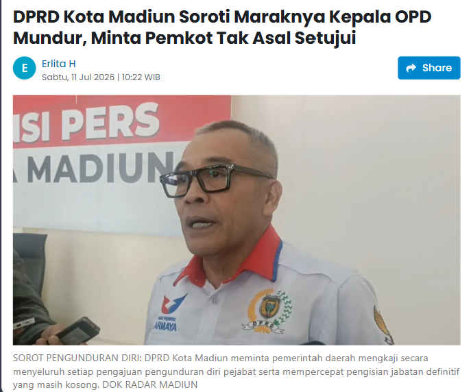 DPRD Kota Madiun Soroti Maraknya Kepala OPD Mundur, Minta Pemkot Tak Asal Setujui