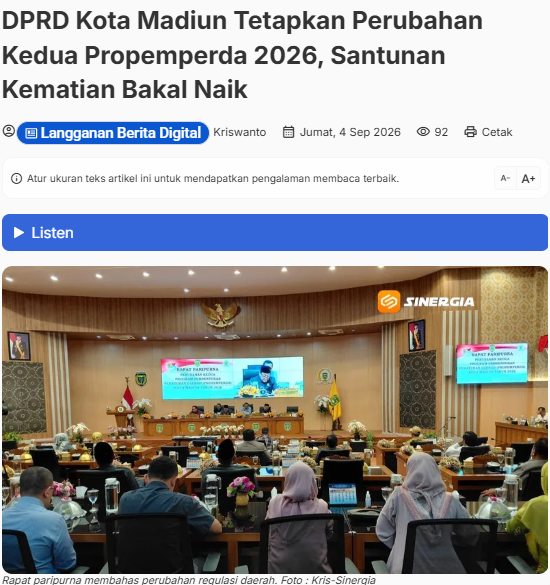 DPRD Kota Madiun Tetapkan Perubahan Kedua Propemperda 2026, Santunan Kematian Bakal Naik