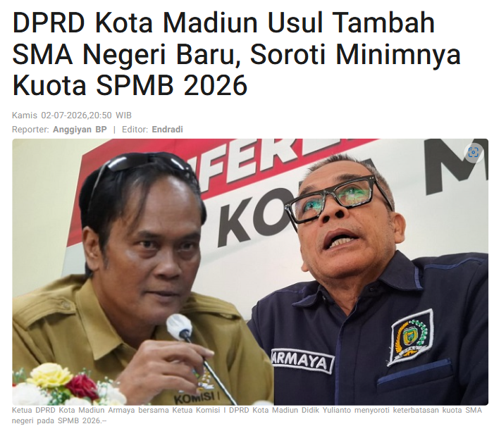 DPRD Kota Madiun Usul Tambah SMA Negeri Baru, Soroti Minimnya Kuota SPMB 2026