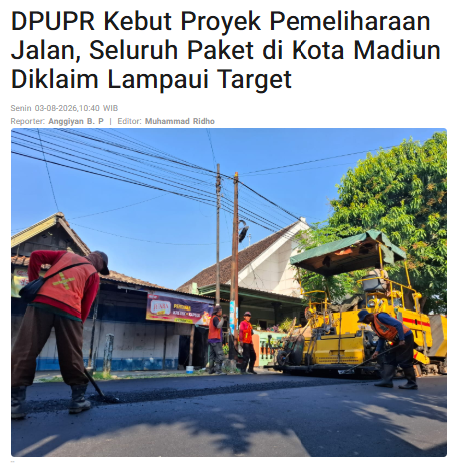 DPUPR Kebut Proyek Pemeliharaan Jalan, Seluruh Paket di Kota Madiun Diklaim Lampaui Target