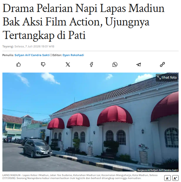 Drama Pelarian Napi Lapas Madiun Bak Aksi Film Action, Ujungnya Tertangkap di Pati