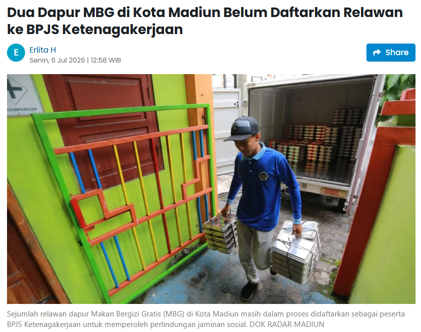 Dua Dapur MBG di Kota Madiun Belum Daftarkan Relawan ke BPJS Ketenagakerjaan