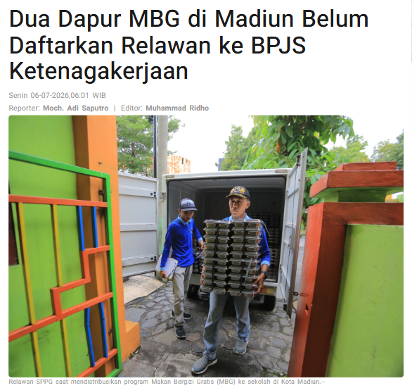 Dua Dapur MBG di Madiun Belum Daftarkan Relawan ke BPJS Ketenagakerjaan